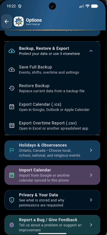 Actual ShiftHelm backup development screen