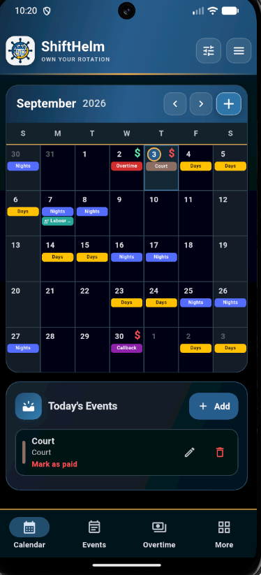 Actual ShiftHelm development screenshot showing the monthly calendar and daily events
