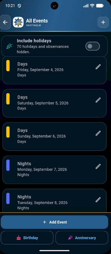 Actual ShiftHelm events development screen